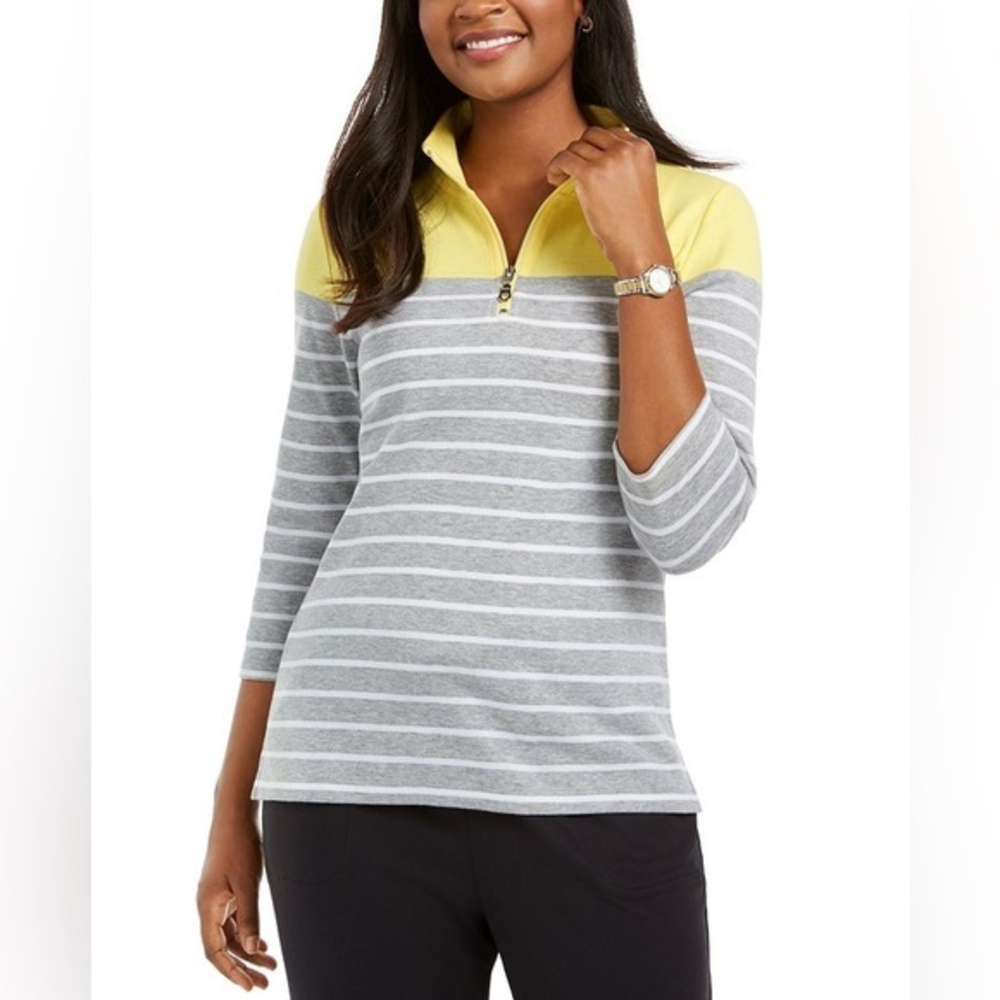 Karen Scott Striped 3/4-Sleeve Zip-Neck Top‎